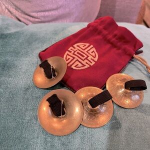 Gold Hand Belly Dancing Cymbals with Burgundy Pouch